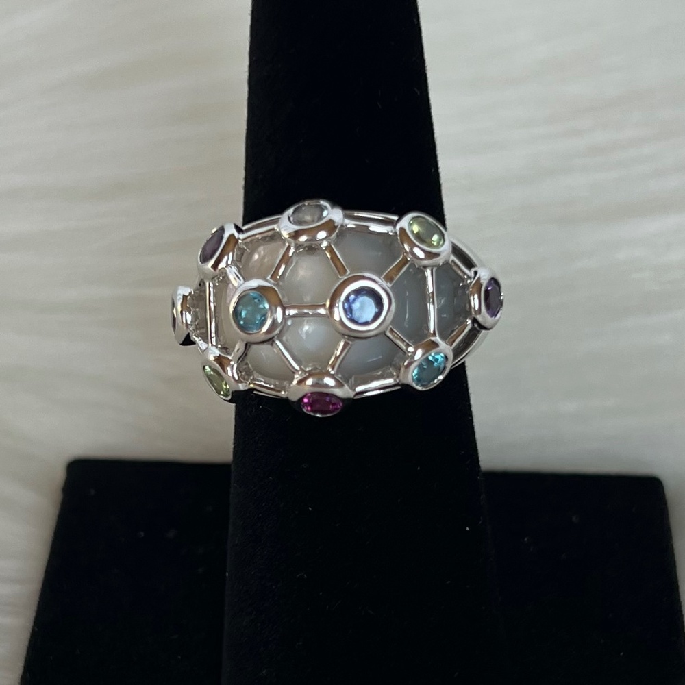 Mother of Pearl and Multi Gemstone Bold Dome Ring - 925 Sterling Silver - Size 7